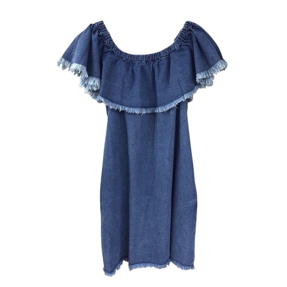 Umgee Blue Denim Fringed Ruffle Off Shoulder Dress Women’s Size Medium - Picture 6 of 10